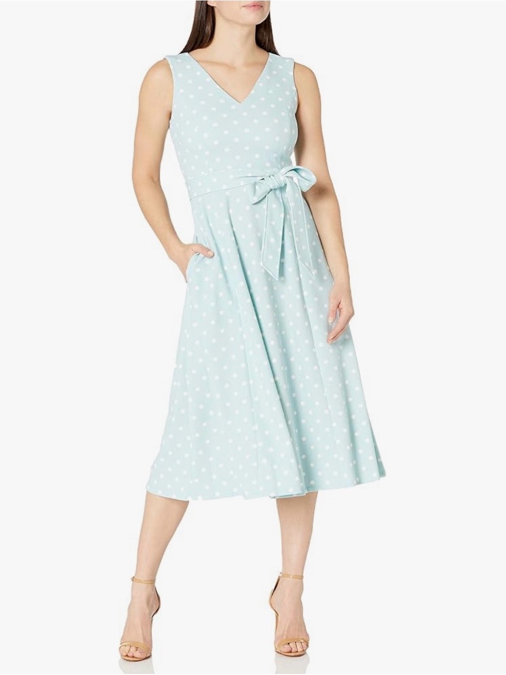 Calvin Klein Womens  Sleeveless V Neck Midi Dress with Self Sash Waist Size 4